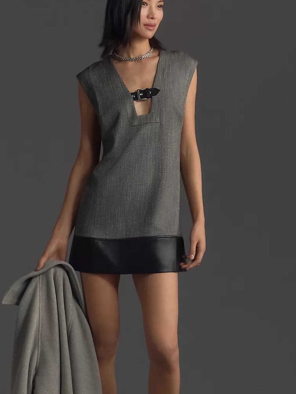 Sleeveless Mini Dress with Leather Trim in Gray